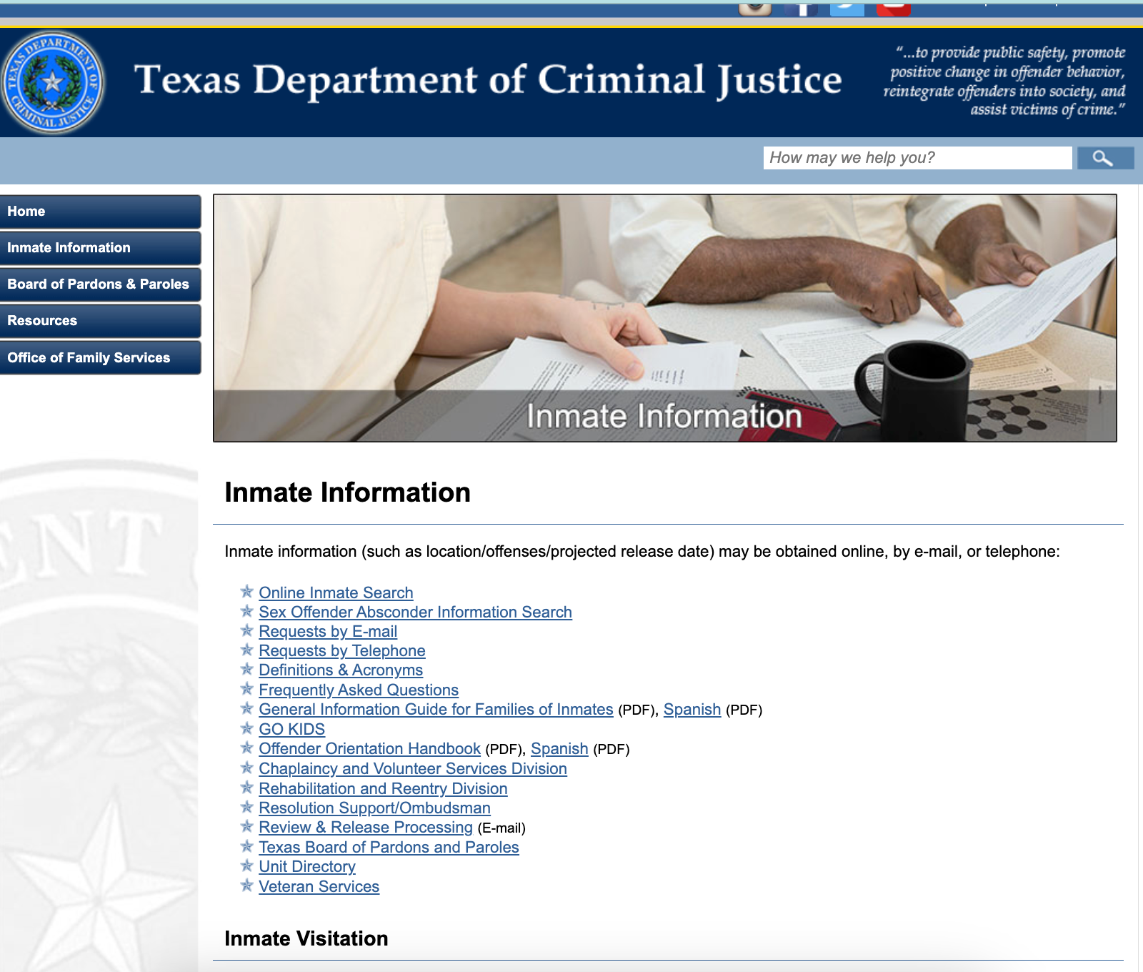Inmate information (such as location/offenses/projected release date) may be obtained online, by e-mail, or telephone: