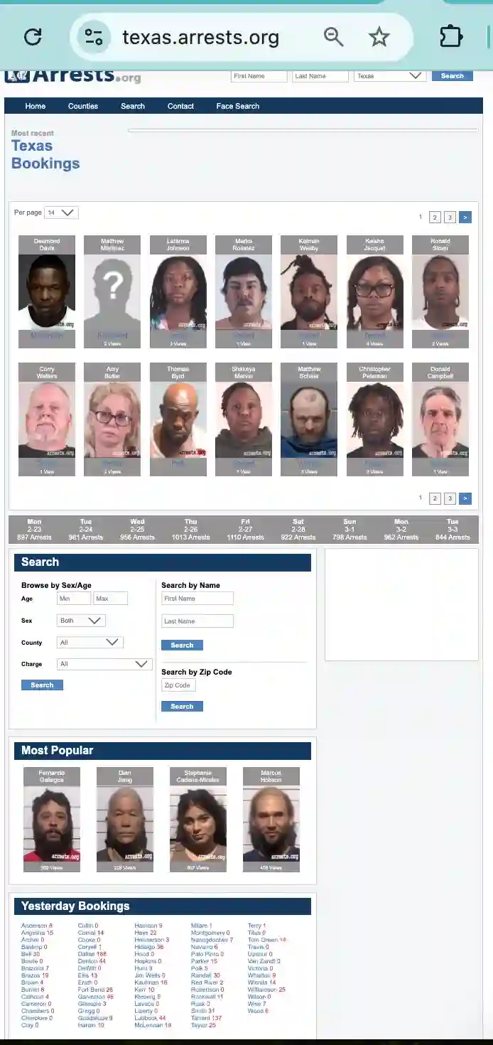 Arrests.org Texas homepage screenshot — county booking aggregator across all 254 Texas counties